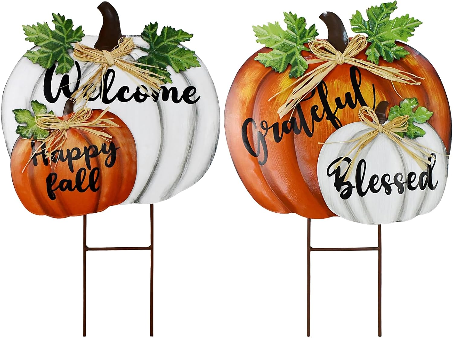 Metal Yard Pumpkin Fall Stakes Decorative Standing Garden Welcome Signs Lawn Stake Outdoor Autumn Harvest Halloween Thanksgiving Decor Pumpkins Pathway Decoration (White)