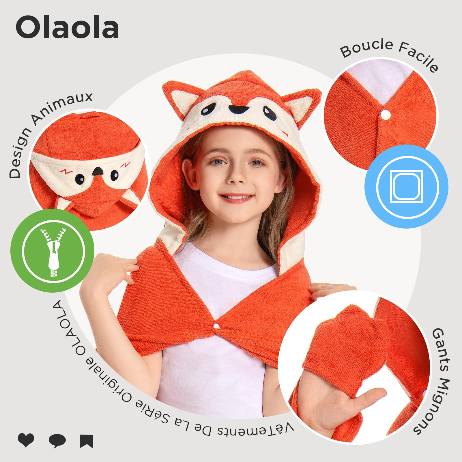 OLAOLA Serviette de Bain à Capuche pour Enfants, Serviettes de Plage en Microfibre Doux Natation Wrap, Enfant Peignoir À Langer, Poncho de Bain pour Garçons Filles de 3 à 12 Ans (Renard)