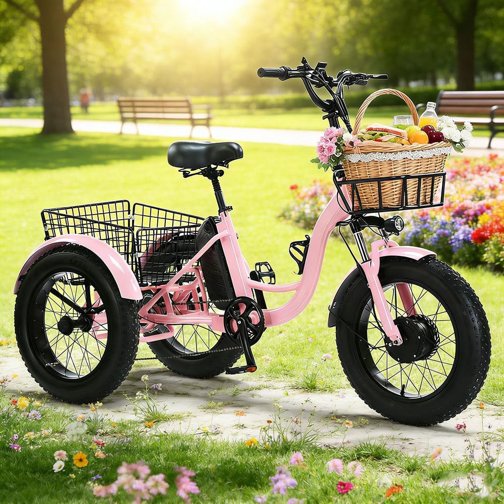 Tricycle électrique Adulte à Assistance électrique, pneus Tout-Terrain Larges 20 x 4, 2 paniers de Rangement, Selle réglable, Confort Optimal, Charge maximale 200 kg, vélo électrique à 3 Roues, Rose