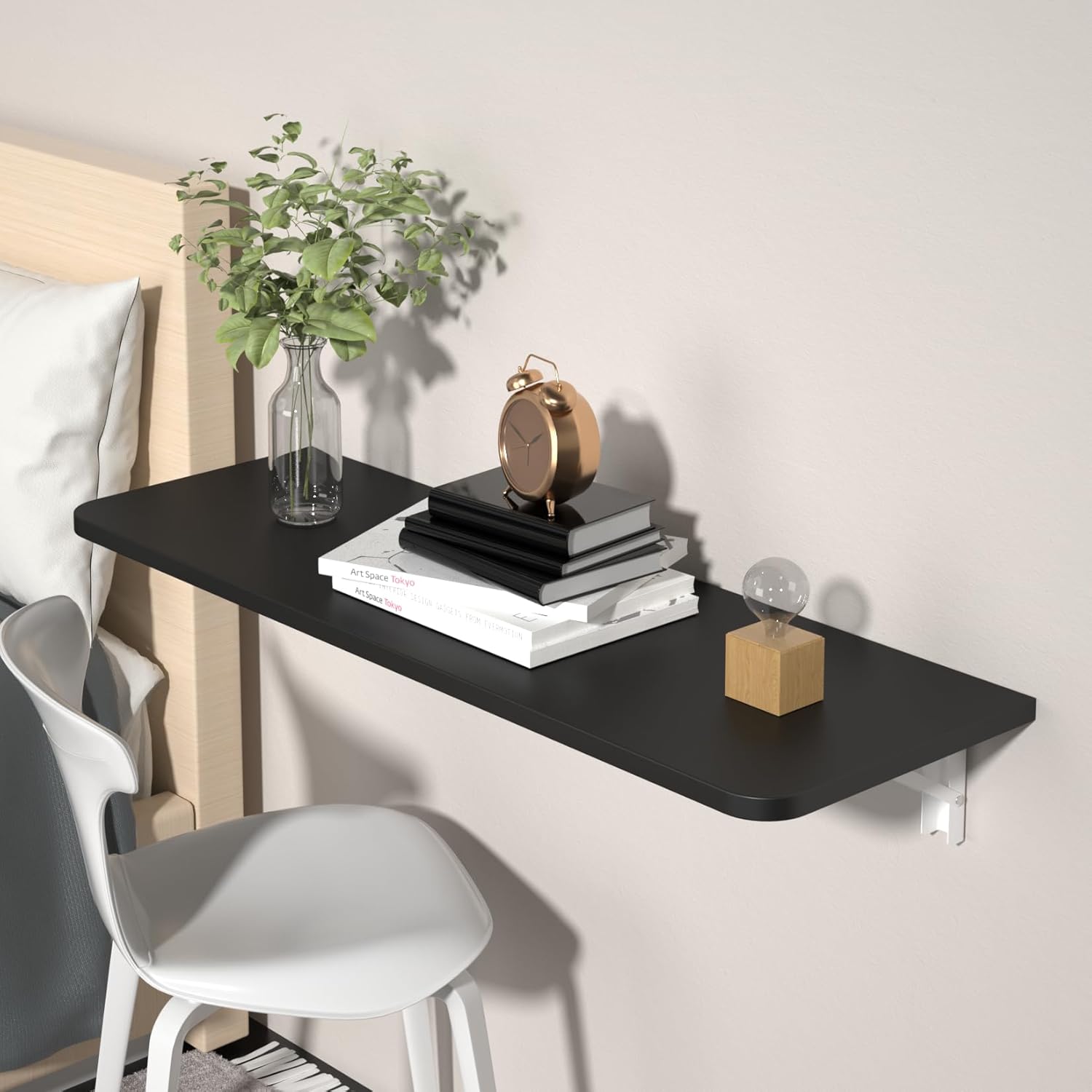 47.2" x 15.7" Wall Mounted Folding Table, Heavy Duty Foldable Computer Desk with Brackets, Wood Floating Desk for Kitchen Dining Room, Wall Desk Fold Down Workbench for Small Spaces (Black)