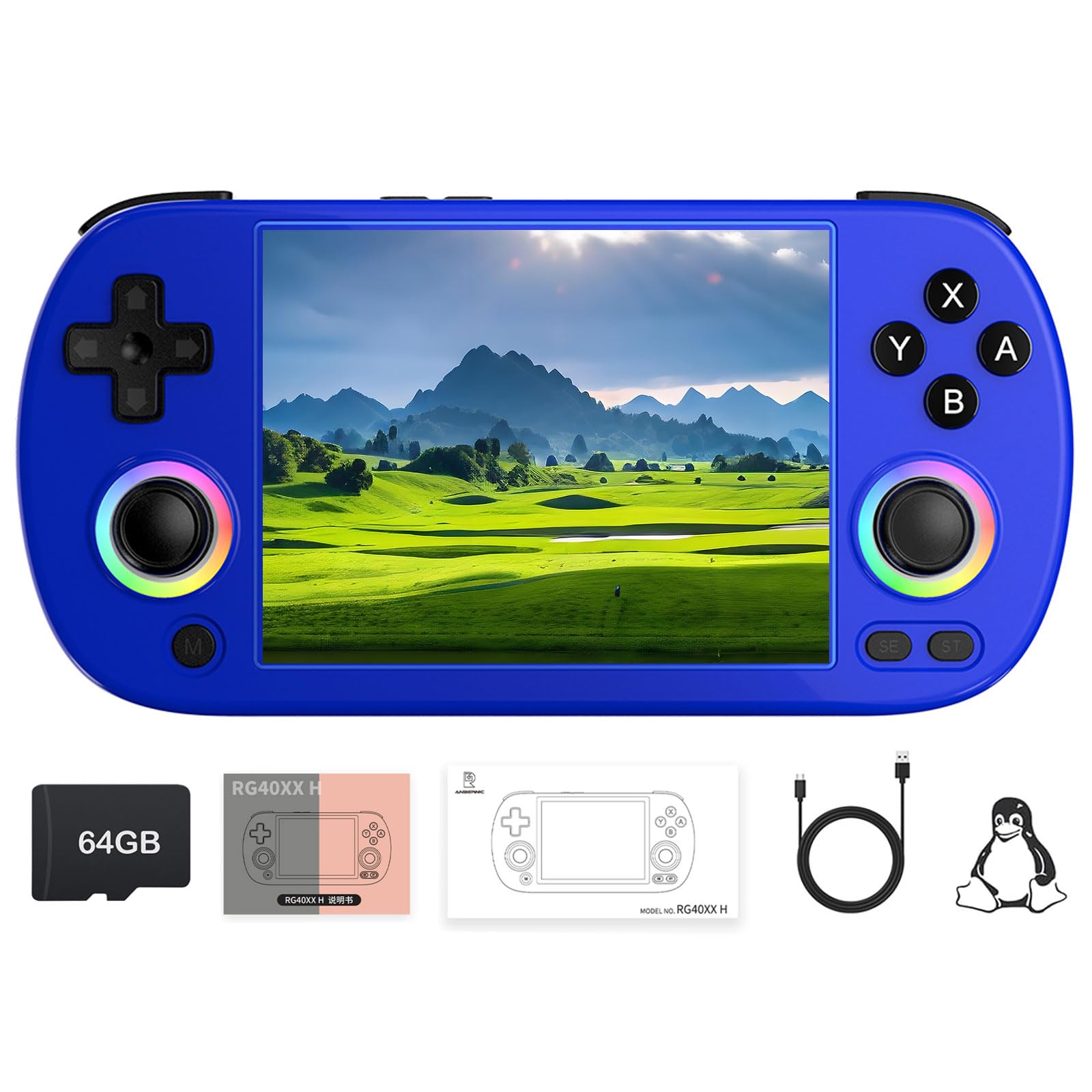 RG40XX H Retro Handheld Game Console, 3200mAh Portable Video Gaming Console with 4.0-in 640*480 IPS Screen, 64G TF Card, 5000+ Classic Games, Linux System, Support 5G WiFi Bluetooth HD Output-Blue