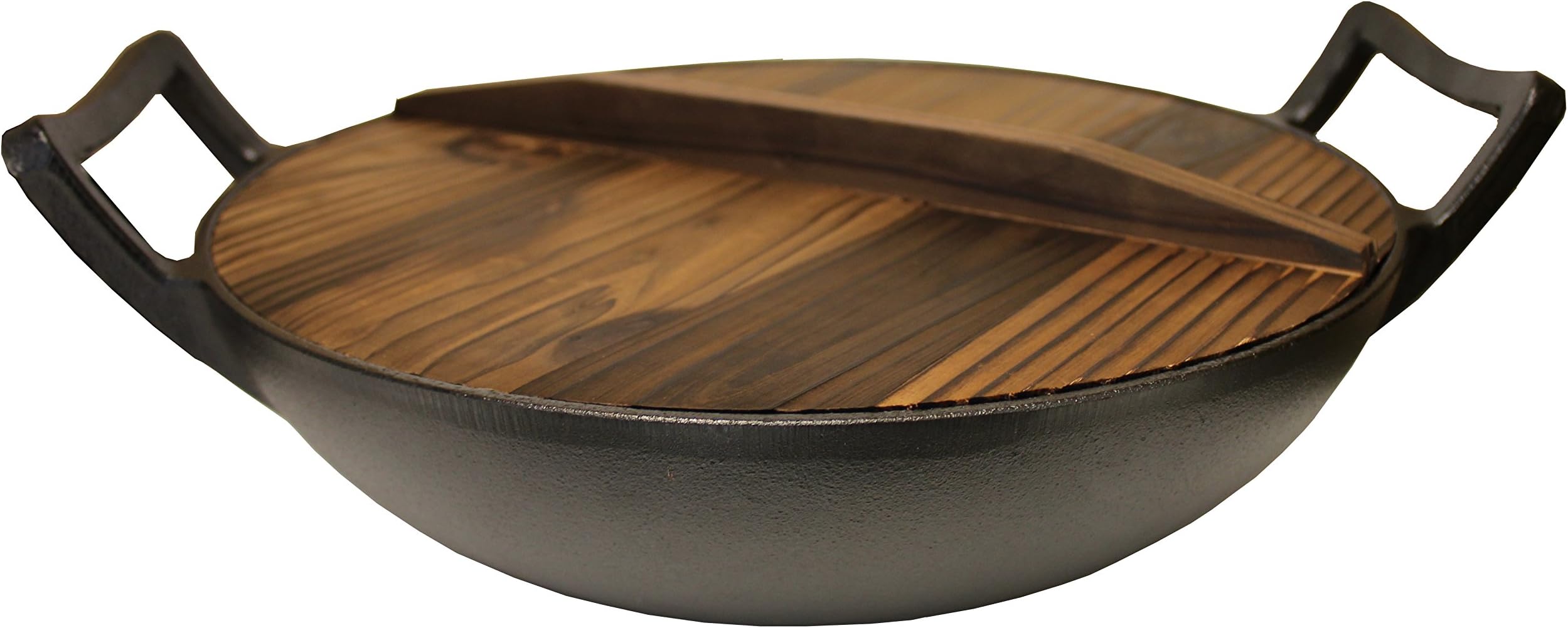 Kasian HouseCast Iron Wok with Wooden Lid 12" Diameter and Large Handle | Stir Fry Pan