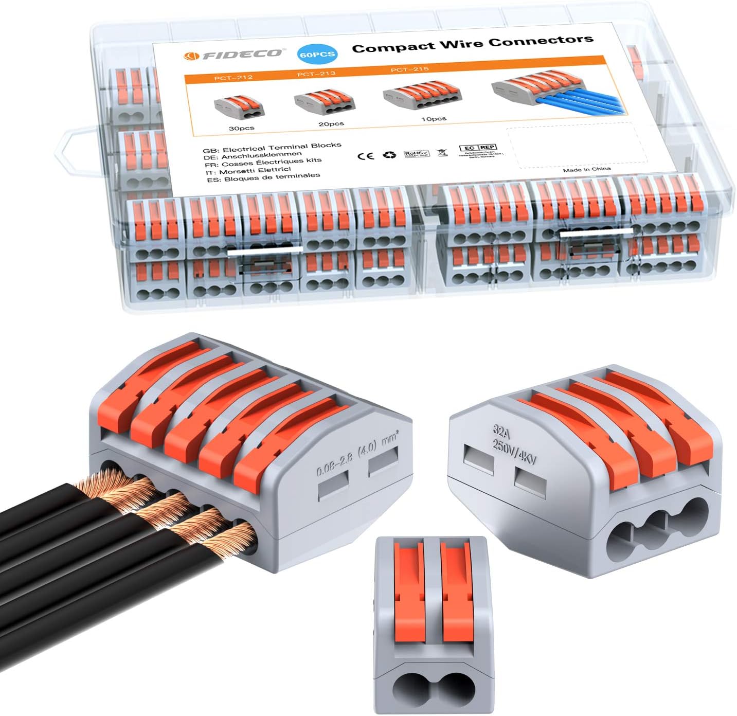 FIDECO Electrical Connector Blocks, 60 Pack Wire Connectors, Conductor Wire Clamp Terminal Block with Levers for Solid, Stranded, and Flexible Wire Cables