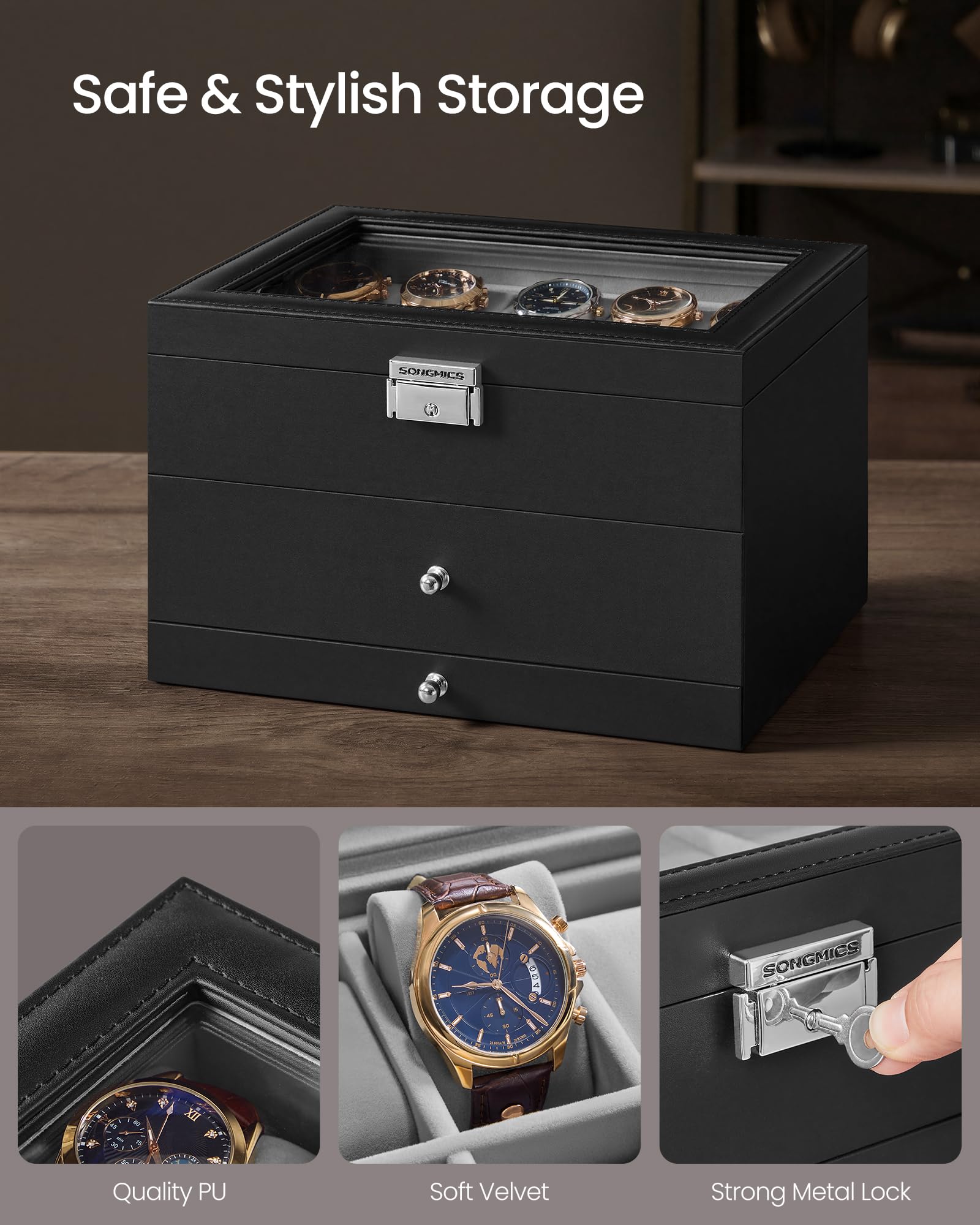 SONGMICS UJWB036B101 - Scatola per orologi, 20 scomparti, con grande coperchio in vetro, cuscini rimovibili, chiusura in metallo, regalo per i propri cari, in pelle sintetica nera, fodera grigia
