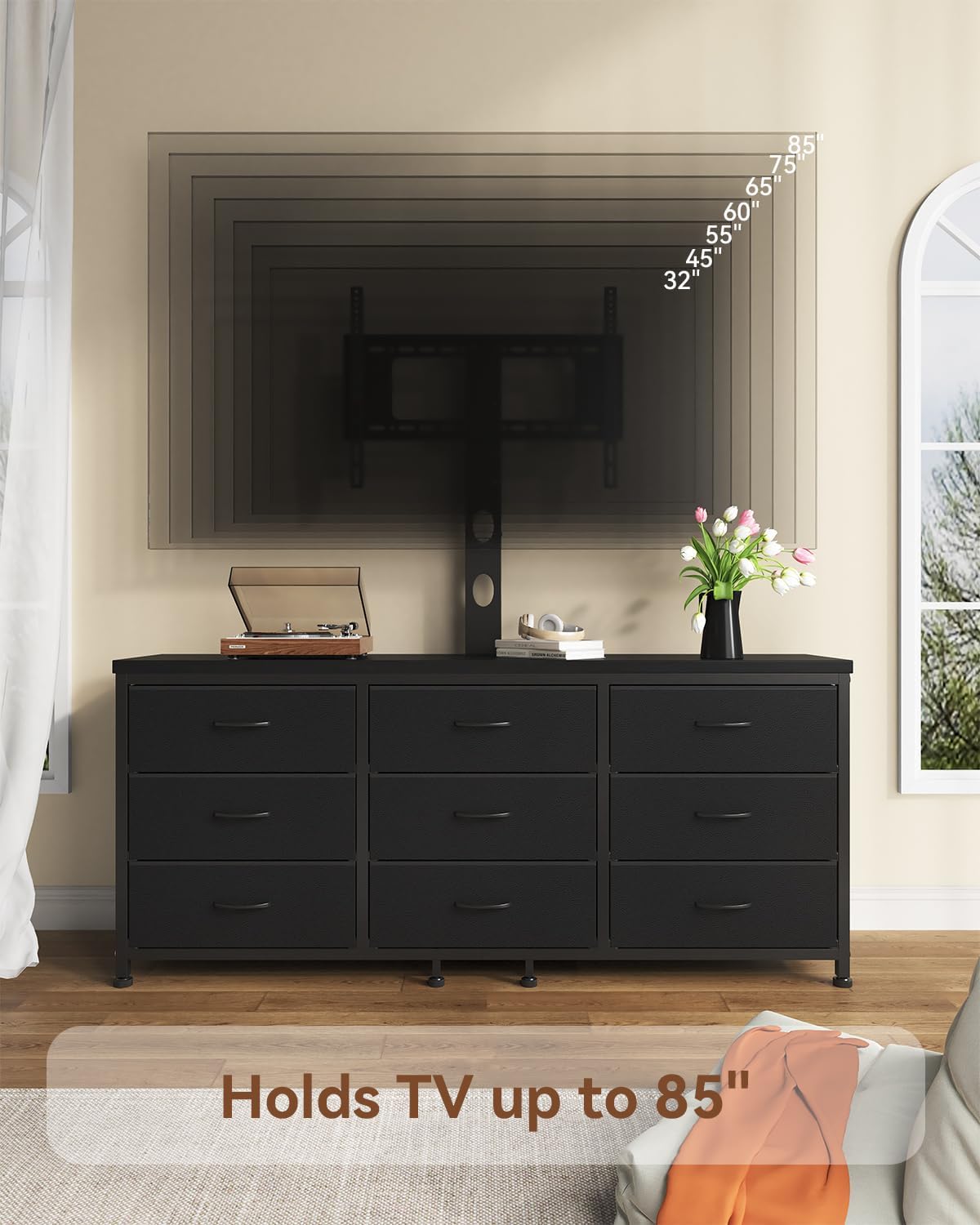 TV Stand with Mount for 32/55/65/75/85 inch TVs, Entertainment Center with 9 Fabric Drawers Dresser Storage, Height Adjustable Media Console