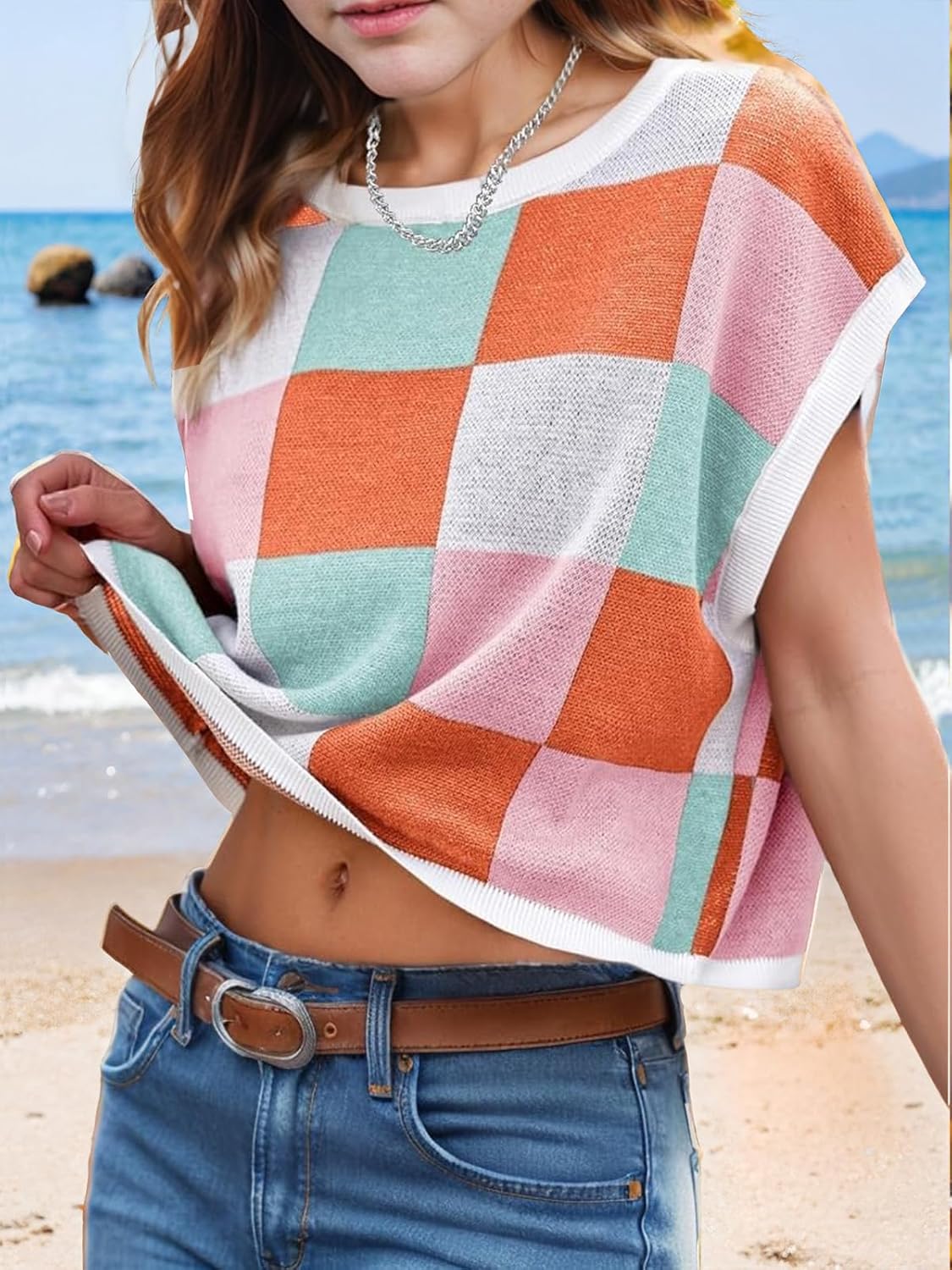 Girls Spring Crop Tops 2026 Summer Sweaters Cute Cap Sleeve Colorblock Loose Teen Top School Picture Outfits - Image 4