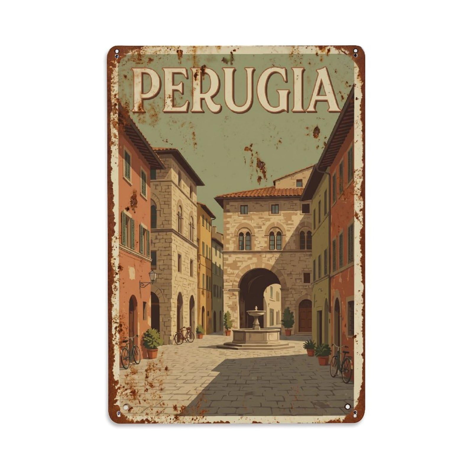 Vintage Travel Perugia Piazza Grimana Italy Metal Tin Sign Plaque Wall Decor for Cafe, Club Bar, Office, Home Garden Metal Poster 8x12Inch