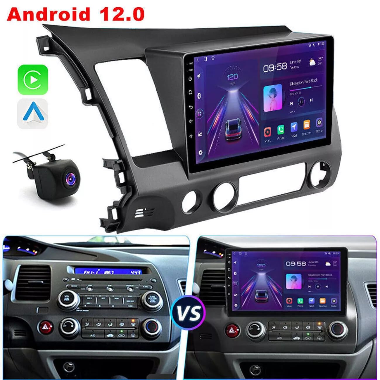EUBUY Car Stereo for Honda Civic 2006-2011 with Wireless Carplay Android Auto, 2+32G 10inch IPS Touchscreen Bluetooth Car Radio with Backup Camera, AM/FM/RDS, AUX, Hi-Fi, SWC