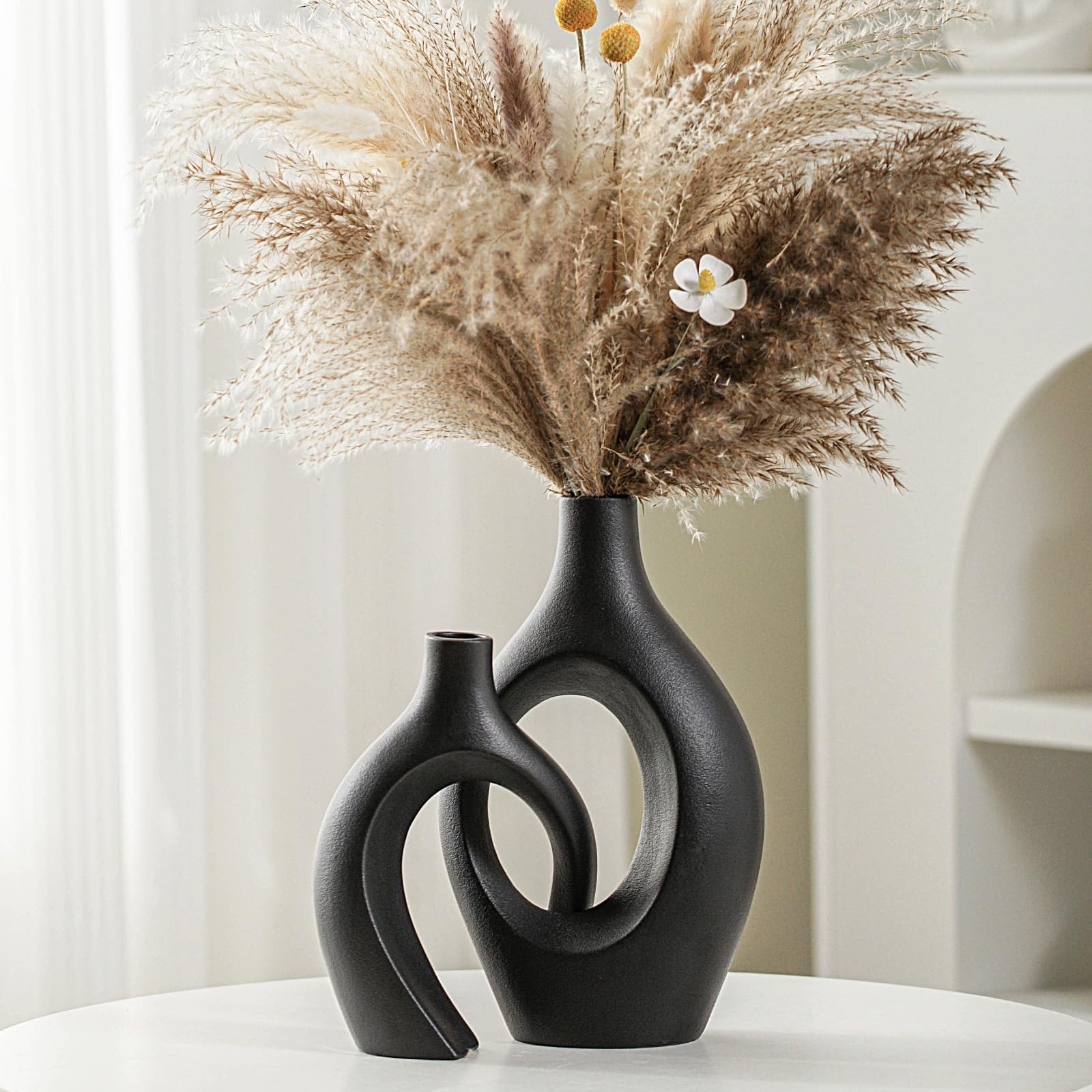 Liotww Extra LargeMatte Black Ceramic Vase Set of 2 Vase for Pampas Grass, Modern Circle Donut Aesthetic Flower Decorative Vases for Nordic Style Boho