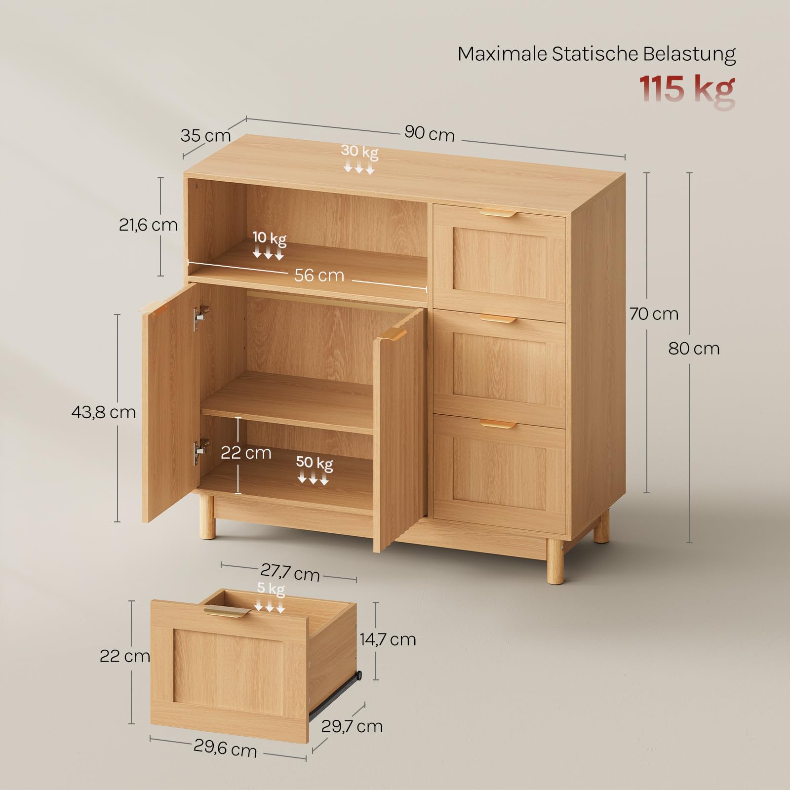 WOLTU Sideboard, Küchenschrank mit 3 Schubladen, Kommode Küche mit Türen, Verstellbarer Ablage, aus Holzwerkstoff, für Küche Wohnzimmer Flur, 90x80x35 cm, Holzoptik