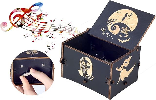 Beiwei Upgrade Size Wind-up The Nightmare Before Christmas Music Box, Wooden Engrave Nightmare Musical Box for Halloween Christmas Birthday Gift for Kids, Melody This is Halloween