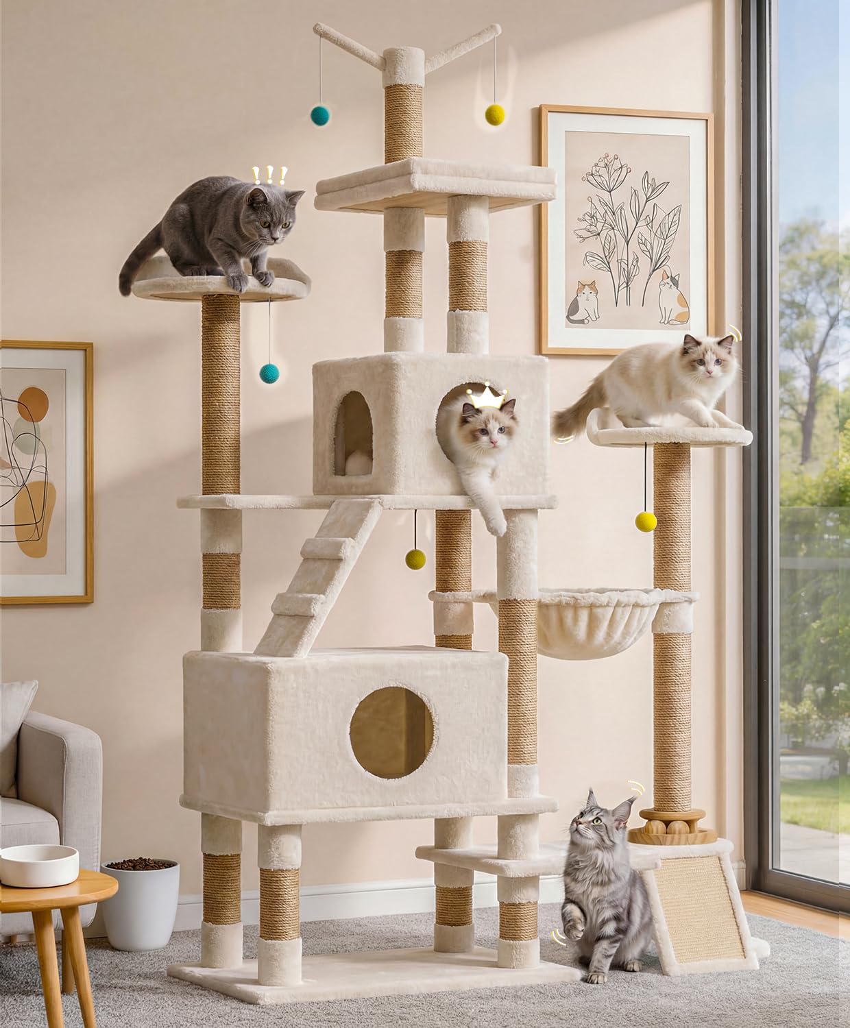 Catlike Rock-Solid Real Wood 76'' Tall Cat Tree for Large Cats, No Wobble Even at the Top, Extra-Large Condos for Maine Coons & Big Cats, Indoor Cat Tower with Scratching Posts, Perches & Hammmock