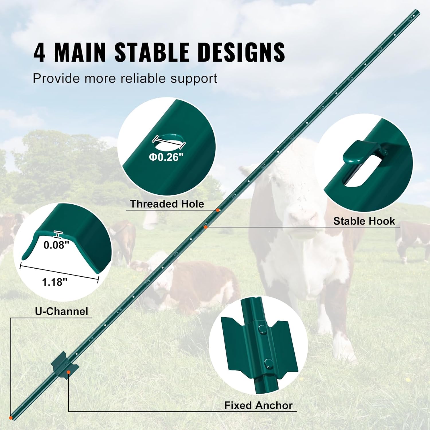 VEVOR 7 Feet U-Channel Metal Fence Post, 10 Pack with 50 Zip Ties & 20 Clips, Sturdy Steel Stakes for Garden Yard, Lawn, Farms and Outdoor Wire Fencing, Green