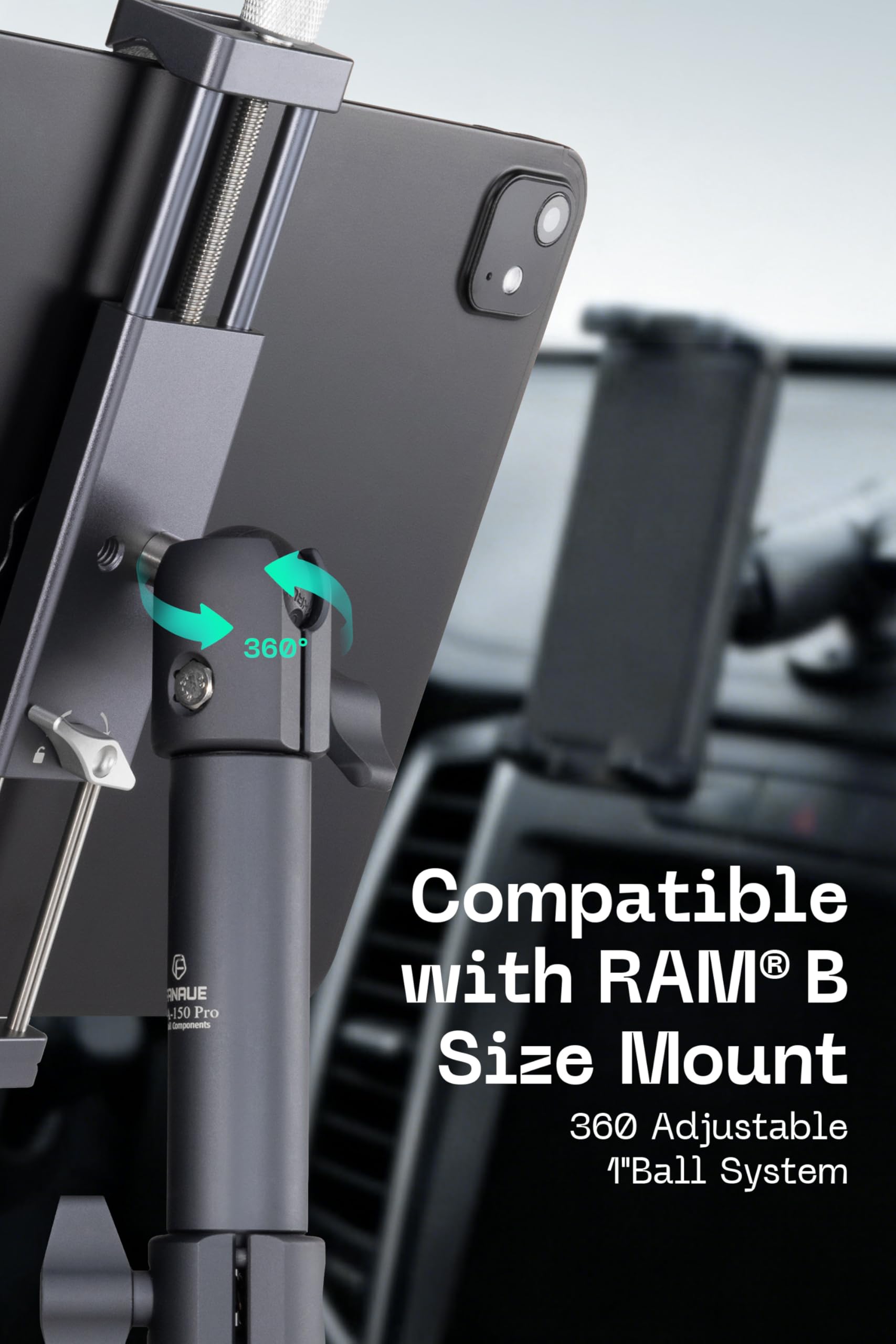 FANAUE Supporto per tablet da auto con testa a sfera, design leggero, supporto girevole a 360 gradi per auto/scrivania/veicoli commerciali, cruscotto, compatibile con tutti i tablet e telefoni