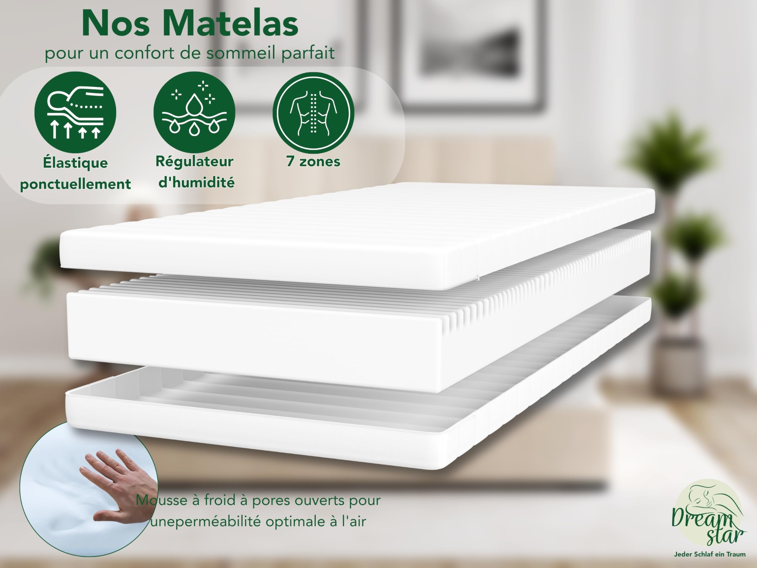 DREAMSTAR Easy Flex Matelas ergonomique en mousse froide, à 7 zones, certifié Öko-Tex, degré de fermeté H2 et H3, enroulable, 13 cm, fabriqué en UE, 80 x 190 cm