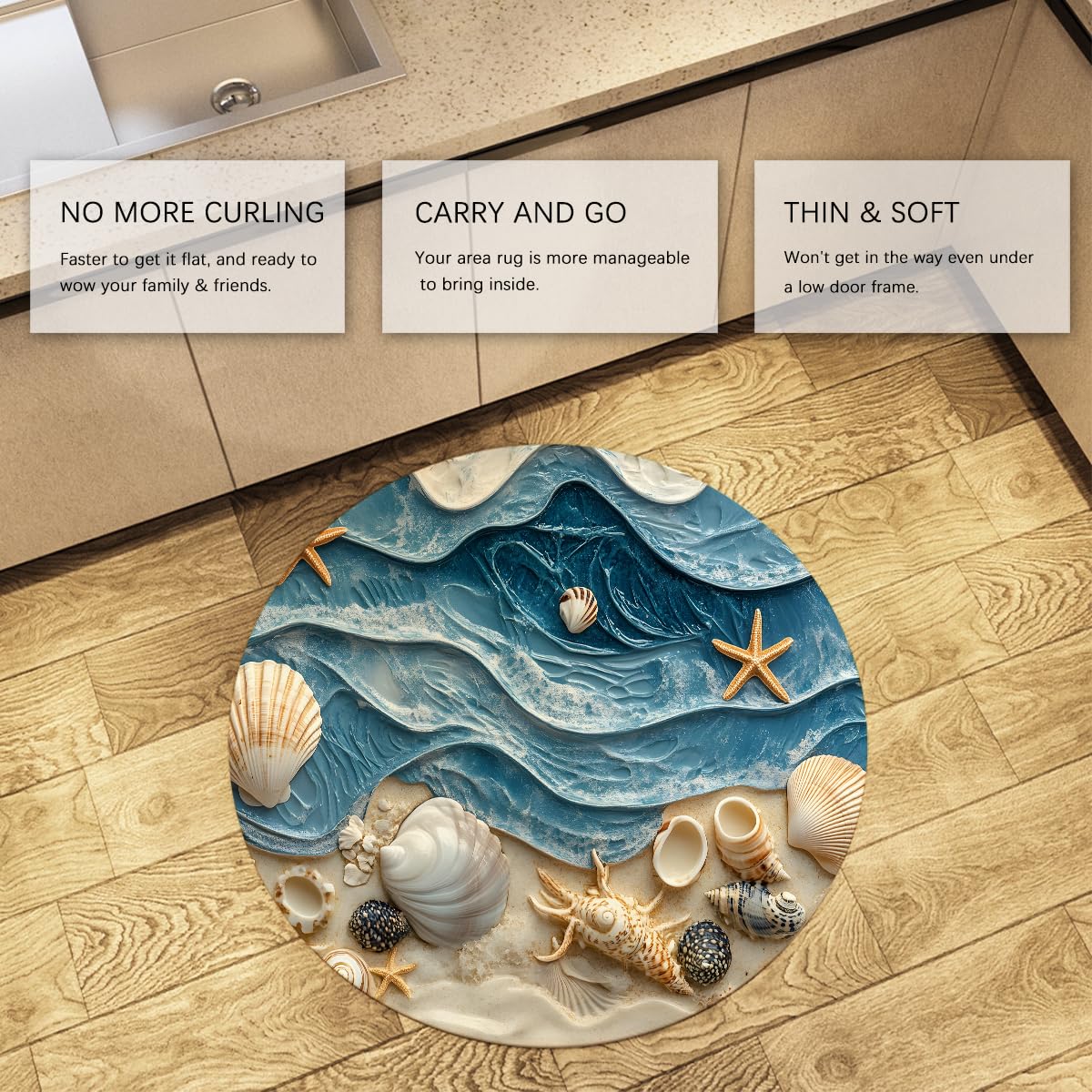 Alfombras redondas náuticas playa 100cm Olas 3D océano concha estrella mar alfombrilla lavable antidesl fina plegable pelo bajo resist manchas para Salón Baño