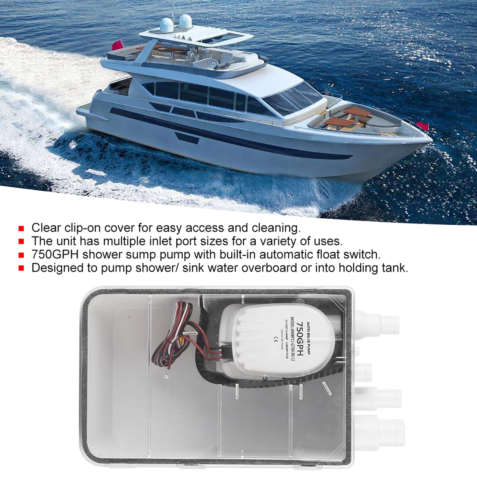 KIMISS DC 12V/24V 750 GPH Pompa della Coppa Doccia con Interruttore Automatico Bilge Drain Box Multi Ingresso per Yacht in Barca Marina G750-01 (12V)