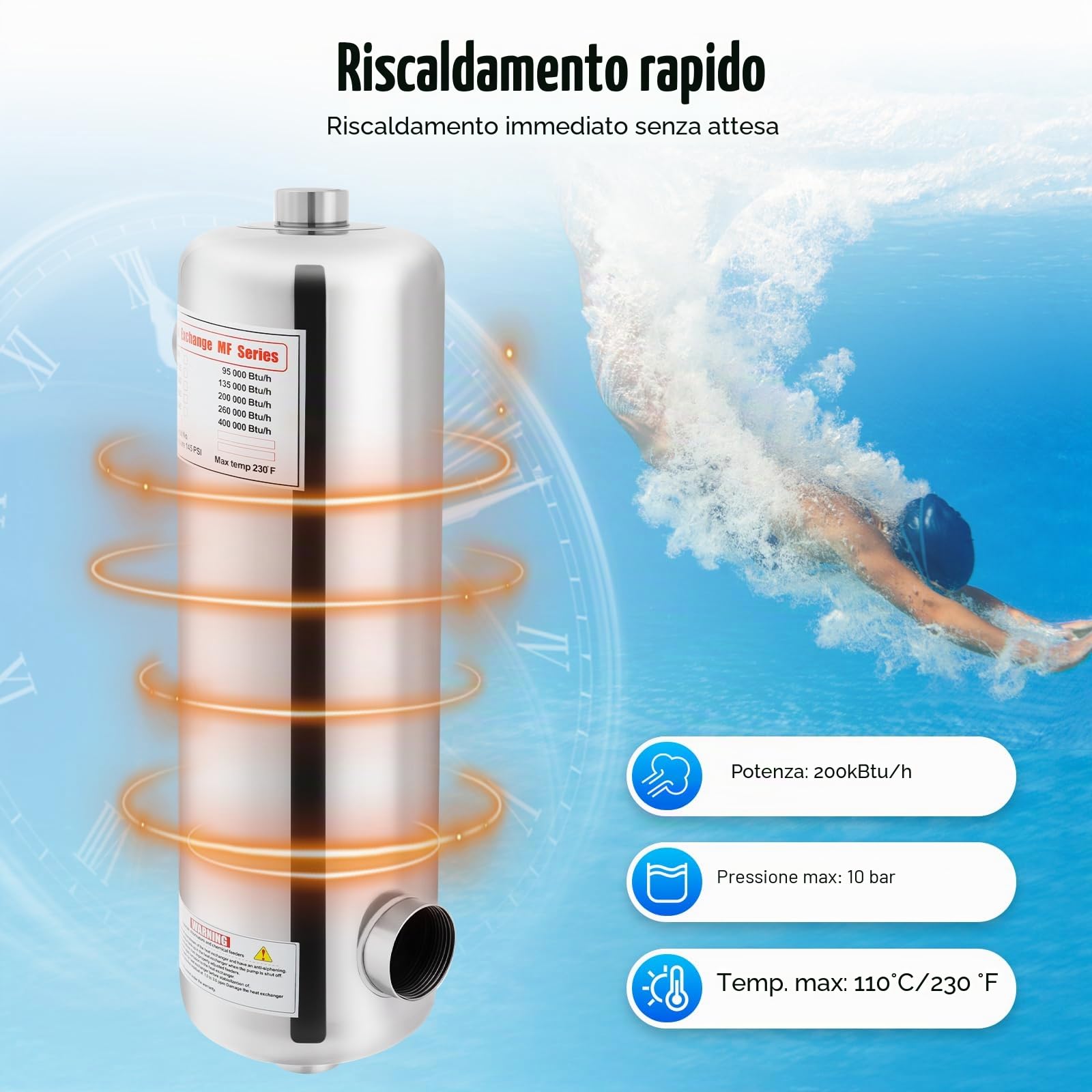 Scambiatore di calore per piscina, 60 KW, pompa di calore in acciaio inox, resistente all'acqua salata e alla ruggine con flusso d'acqua da 250 l/min e flusso di acqua calda da 30 l/min, per