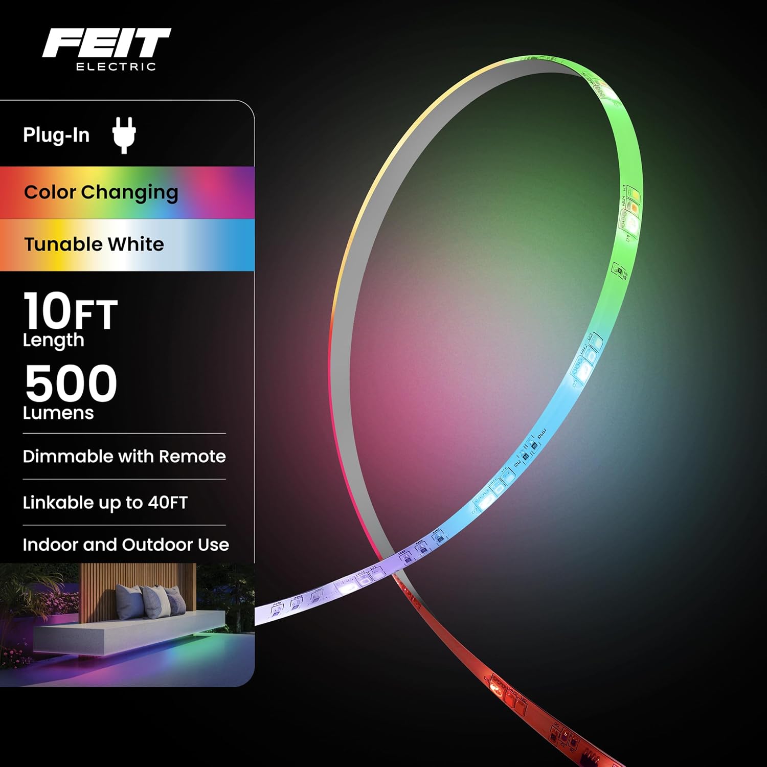 Feit Electric 100フィート チェイシング&amp;チューニング可能 ホワイトLEDテープライト 調光機能付き RGB