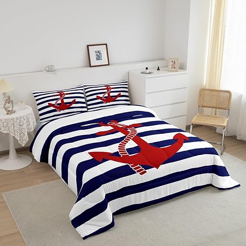 Miniatura 5 de Juego de edredón de rayas geométricas, tamaño individual, juego de ropa de cama de ancla náutica, 2 piezas, decoración de dormitorio para niños, 1