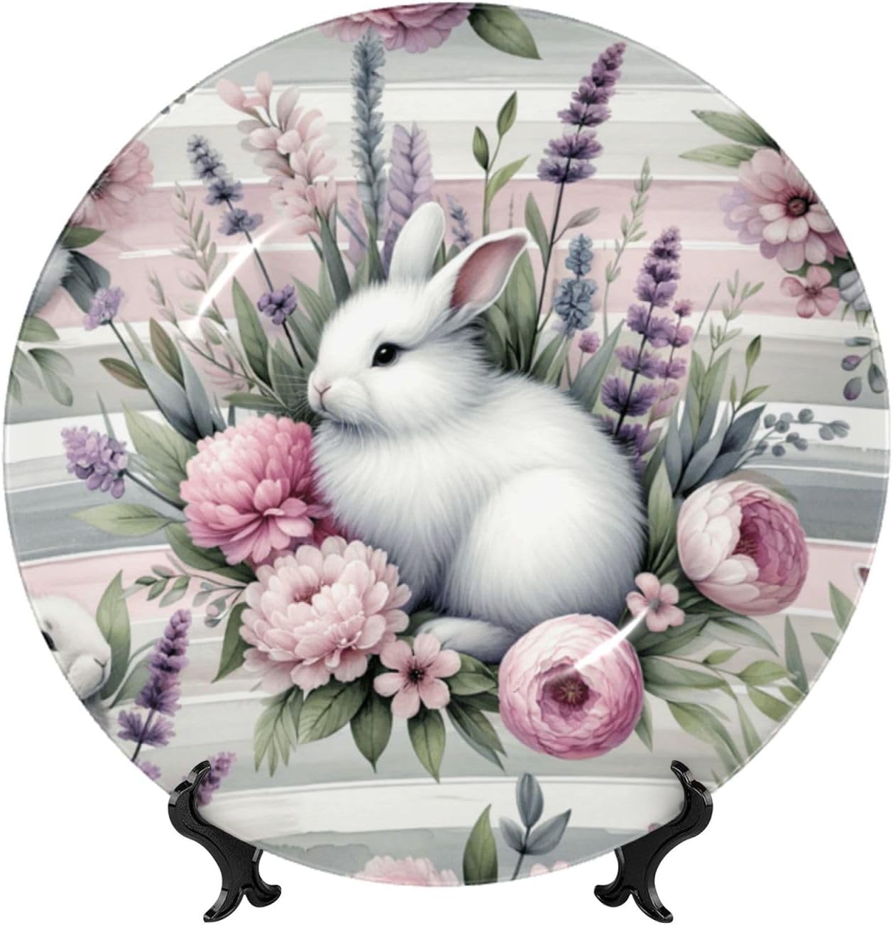 Easter-Rabbits-Floral 10 Inch Decorative Plate With Stand, Elegant Display Wall Plate For Home Decor