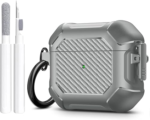 Vista 118 de Maxjoy Funda para AirPods Pro, clip de bloqueo seguro de fibra de carbono, cuerpo completo, a prueba de golpes, carcasa rígida con llavero