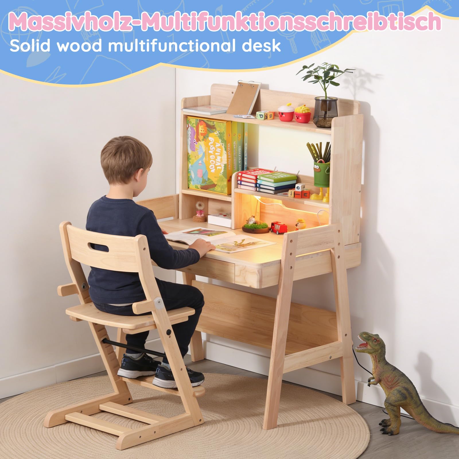 Mrwoo Kindertisch mit Stauraum, Schreibtisch Kinder mit 1 Schublade, Holzlatten Offene Regale mit LED-Lichtleiste & USB, Schülerschreibtisch für Kinder ab 6 Jahren (Natural - A)