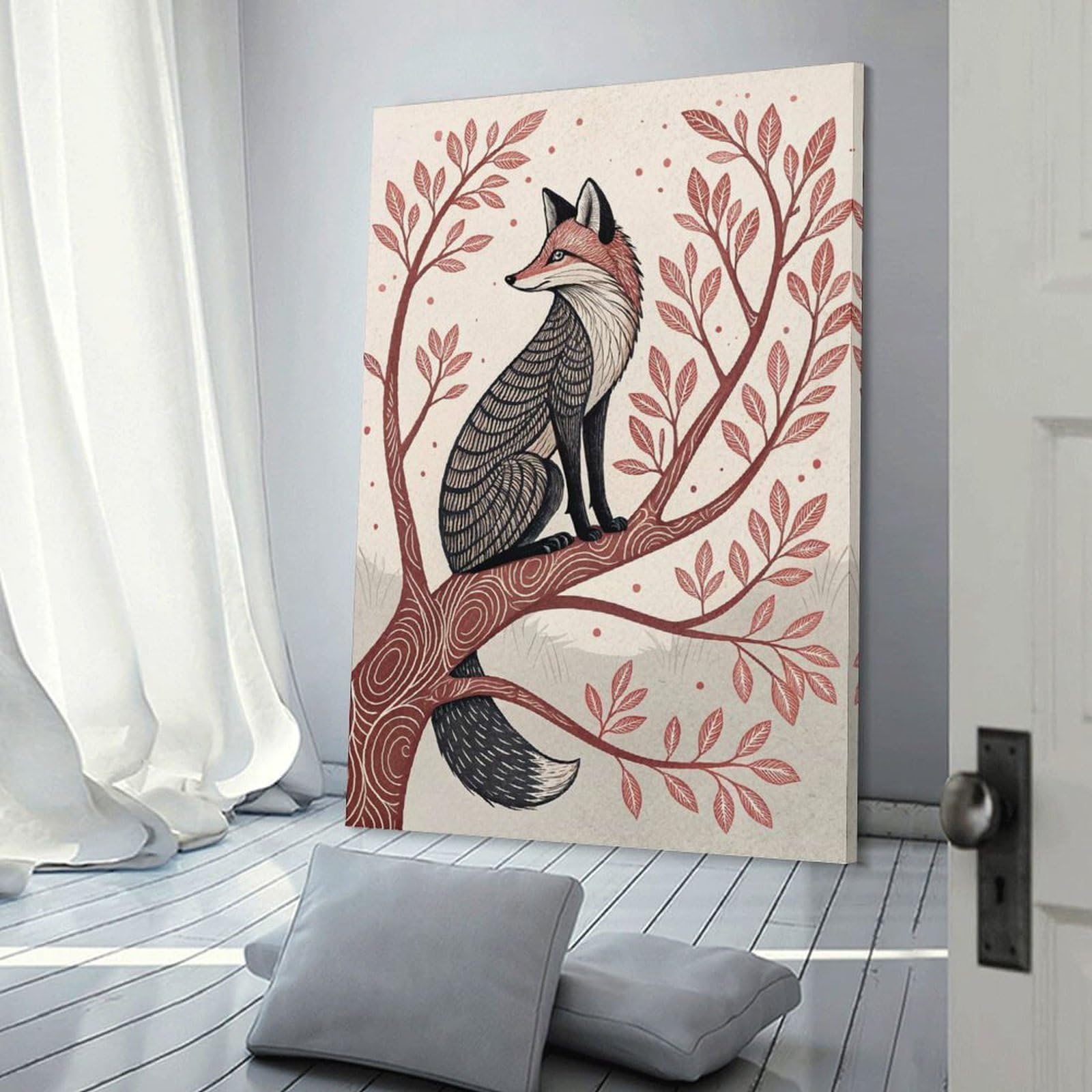 Junmoney Stylized Fox Sitting on A Tree Branch Hanging Wall Art 24x36inch(60x90cm), for New Homes, Bedrooms Or Workspaces, Thoughtful Wall Decor for Art Lovers