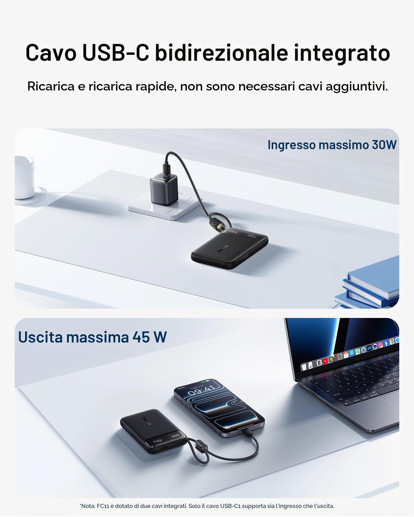 Baseus FC11 Powerbank 45W 10000mAh con 2 cavi USB-C Integrati, Mini Power Bank Ricarica Rapida con Certificato CCC, Caricatore Portatile per iPhone 17/16/15 Pro Max, Samsung Galaxy S25/S24, iPad, Nero
