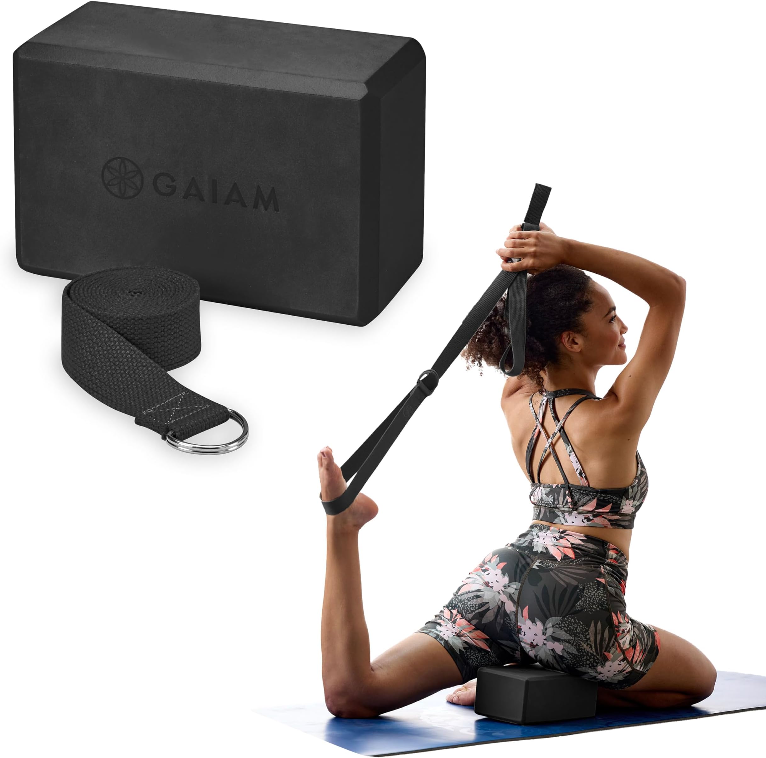 Gaiam Yoga Block & Yoga Strap Combo Set - Yoga Block with Strap, Pilates & Yoga Props to Help Extend & Deepen Stretches, Yoga Kit for Stability, Balance & Optimal Alignment