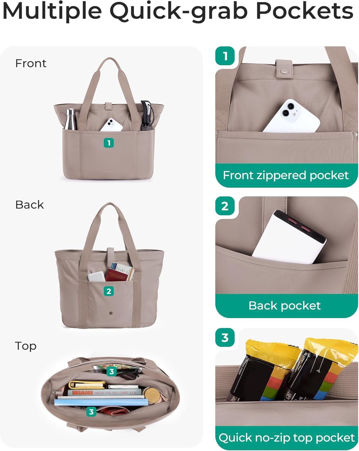 BAGSMART Tote Bag for Women, Foldable Tote Bag With Zipper Travel Large Shoulder Bag Handbag for Work - Image 5