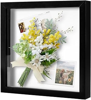 Muzilife 10x10 Shadow Box Picture Frame for Wall and Tabletop Display - Deep Wood & Glass Display Rustic Case Ready to Hang Memorabilia, Pins, Awards, Medals, Wedding, Tickets, and Photos, Black