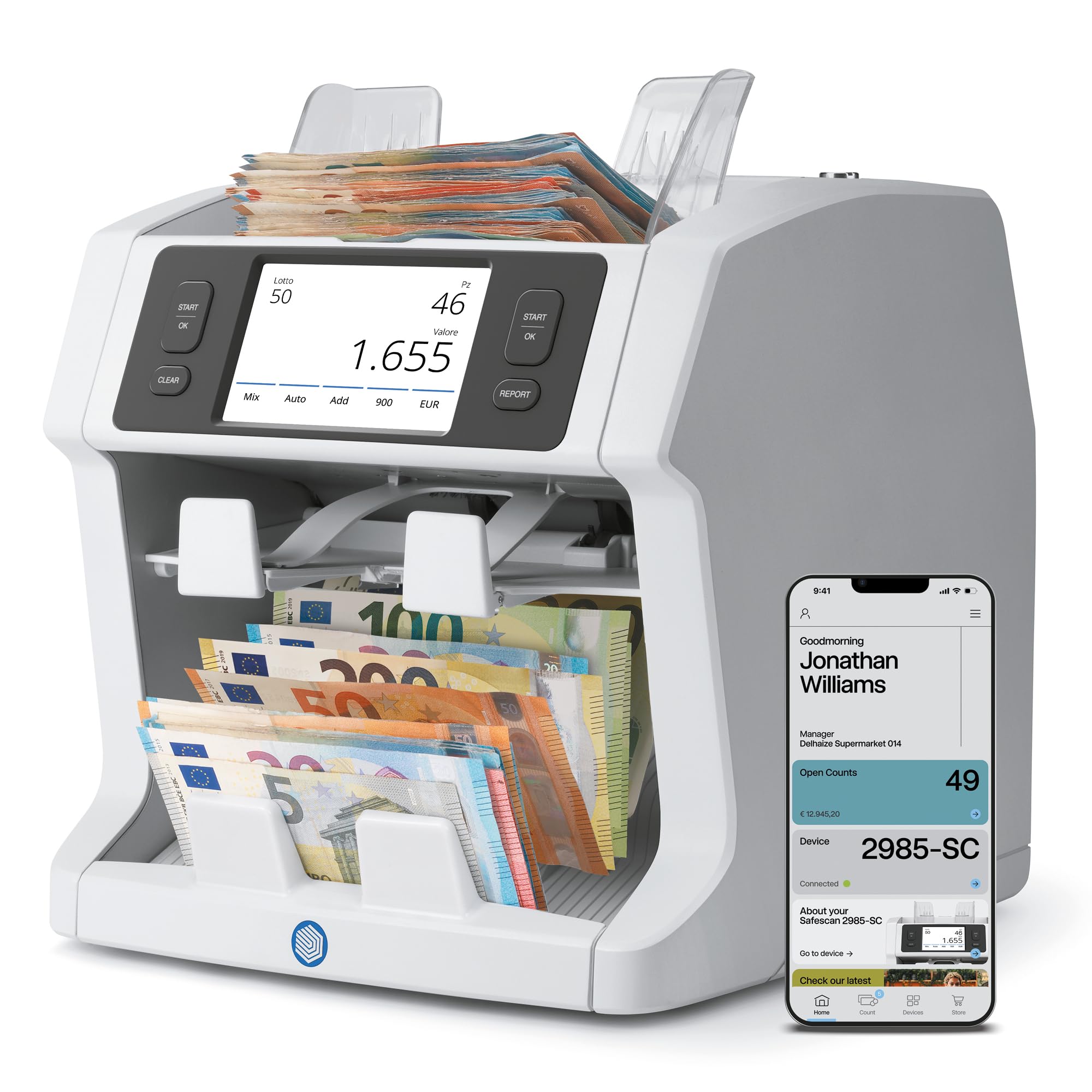 Safescan 2985-SC Contabanconote che conta il valore e ordina le banconote miste - Contabanconote con rilevatore di denaro falso a 10 punti - Contasoldi con l'app gratuita Safescan