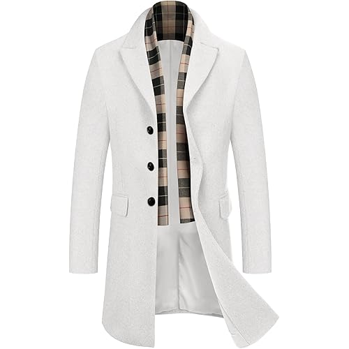 COOFANDY Men's Wool Blend Coat with Detachable Plaid Scarfs Notched Collar Single Breasted Pea Coat Trench Overcoat