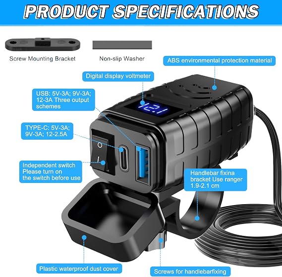 Motorcycle Phone Charger for TVS XL Super HD/HD1/XL100/Zest 110/iQube, Weatherproof Motorcycle Handlebar Mount USB/Type-C Charger SAE to USB Dual Quick Charge 3.0