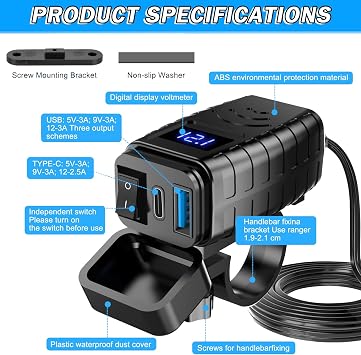 Motorcycle Phone Charger for TVS XL Super HD/HD1/XL100/Zest 110/iQube, Weatherproof Motorcycle Handlebar Mount USB/Type-C Charger SAE to USB Dual Quick Charge 3.0