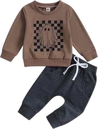 Toddler Baby Boy Halloween Outfit Long Sleeve Ghost/Pumpkin Sweatshirt Tops Elastic Pants 2PCS Fall Winter Clothes