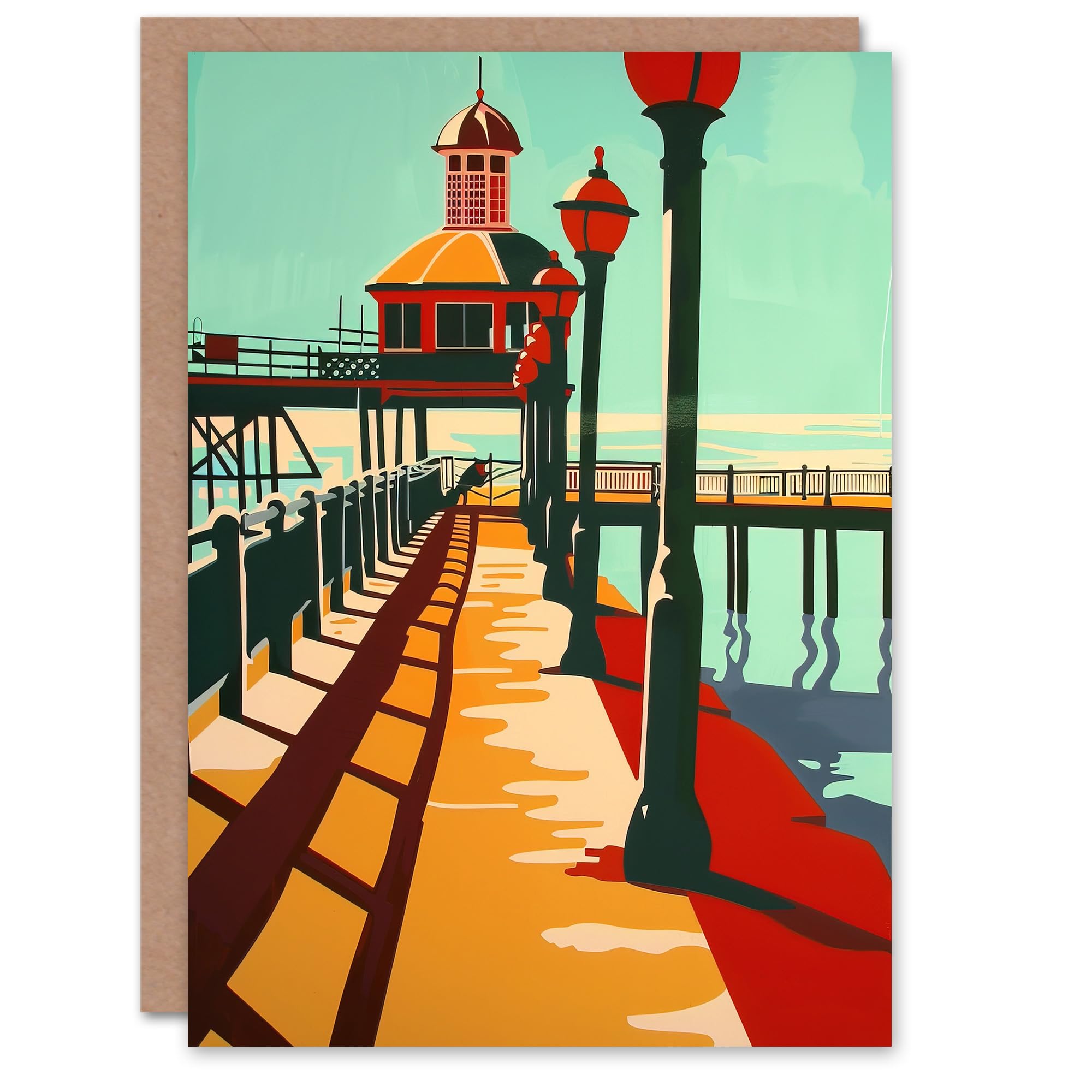 Artery8 Greeting Card Classic British Seaside Pier Graphic Design Blank For Him Or Her Art Birthday Card