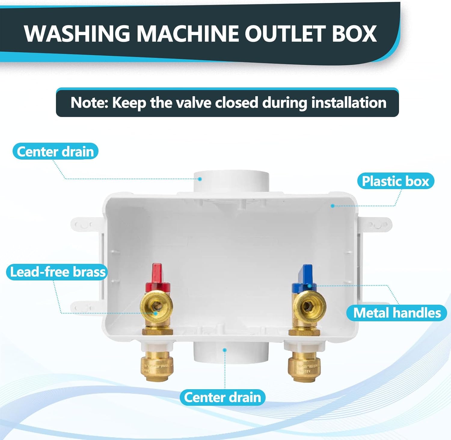 Washing Machine Outlet Box, Center Drain, 1/2 Inch Push-Fit Inlet x 3/4 Inch MHT Outlet Connection, Laundry Washer Valve Outlet Box (Pack of 50)