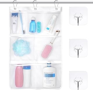 F-color Cruise Essentials 2025 - RV Shower Organizer - with 3 Adhesive Hooks and 3 Metal Loop Hangers, Quick Dry Mesh Shower Caddy Hanging, 7 Pockets Bathroom Bag for Shampoo, Soap, White