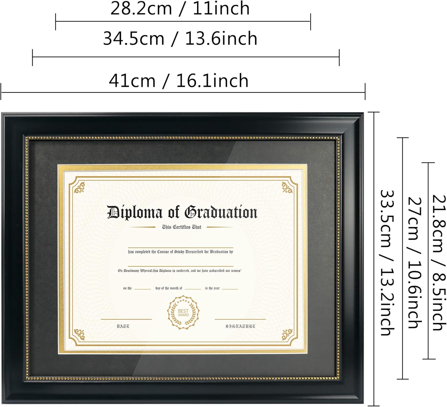 GraduatePro 8.5x11 Diploma Frame with Black Over Gold Mat or Display 11x14 Document Without Mat, CPA License Frame, UV Protection Acrylic, Black with Gold Beads