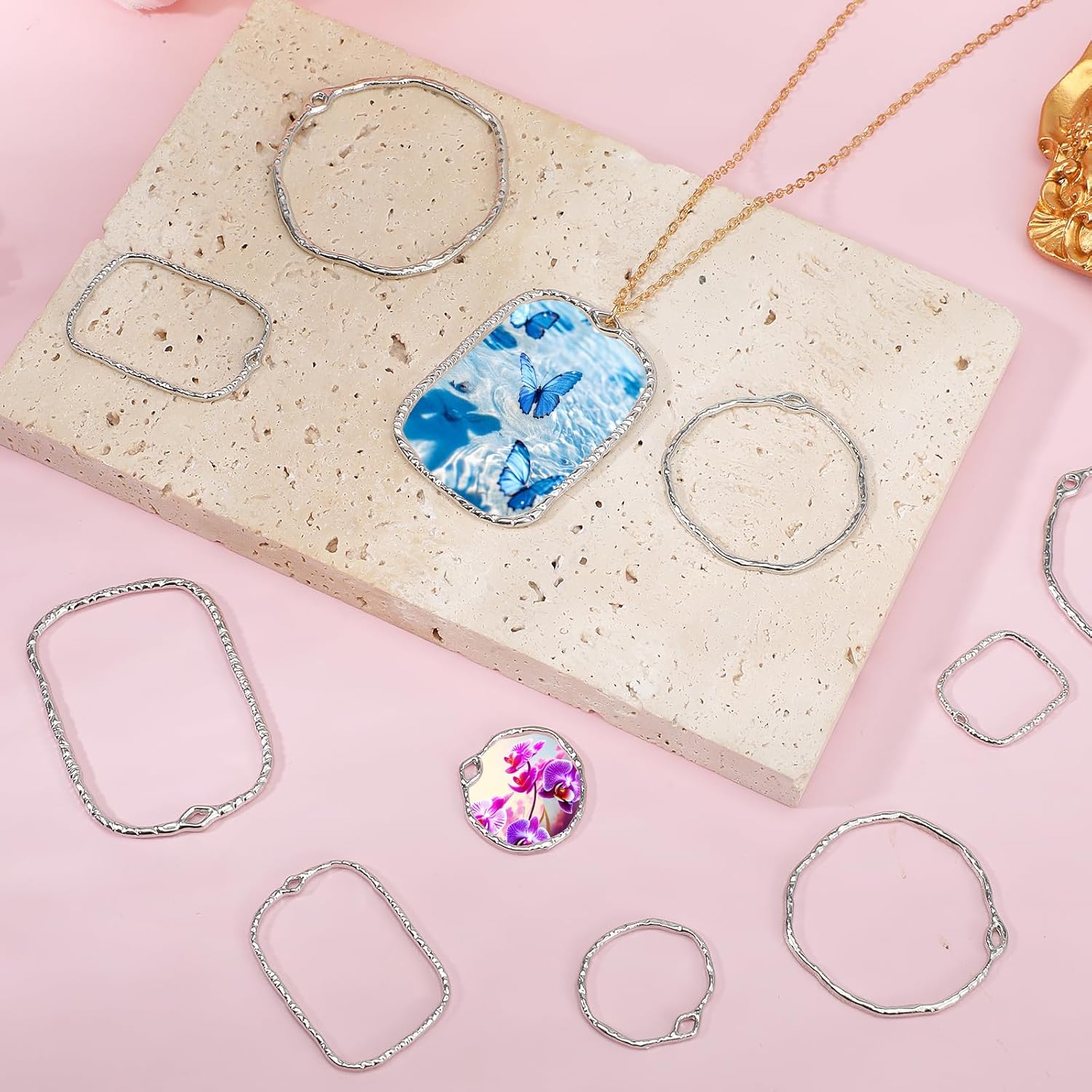 48 Pcs Alloy Open Back Bezel Pendants, 6 Styles Hollow Frame Pendants Ring for Resin Jewelry Making - Image 7