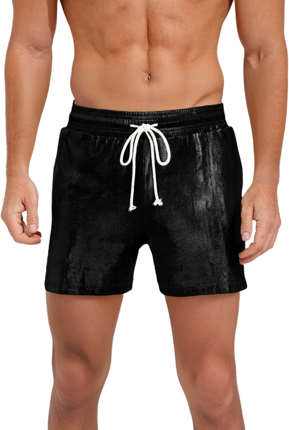 Vxuxlje Mens Shiny Metallic Board Shorts Shimmering Drawstring Elastic Waistband Rave Dance Shorts