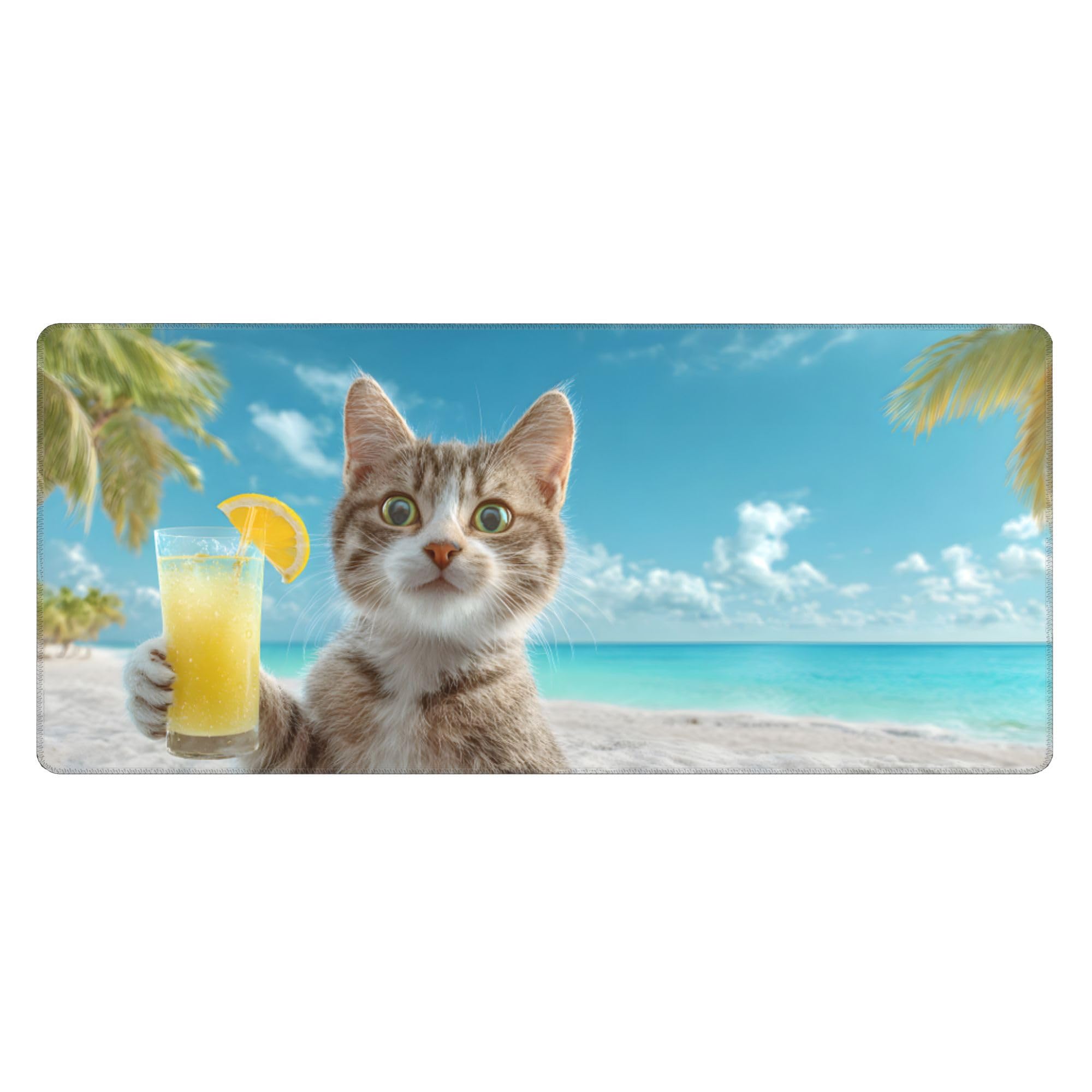 Summer Cat Beach Extended Gaming Mouse Pad, with Stitched Edges Large Mouse Pad Desk Protector, Rubber Base Mousepad Keyboard Mouses Mat for Work Game Office Home- 32" X 12" Inch,E222