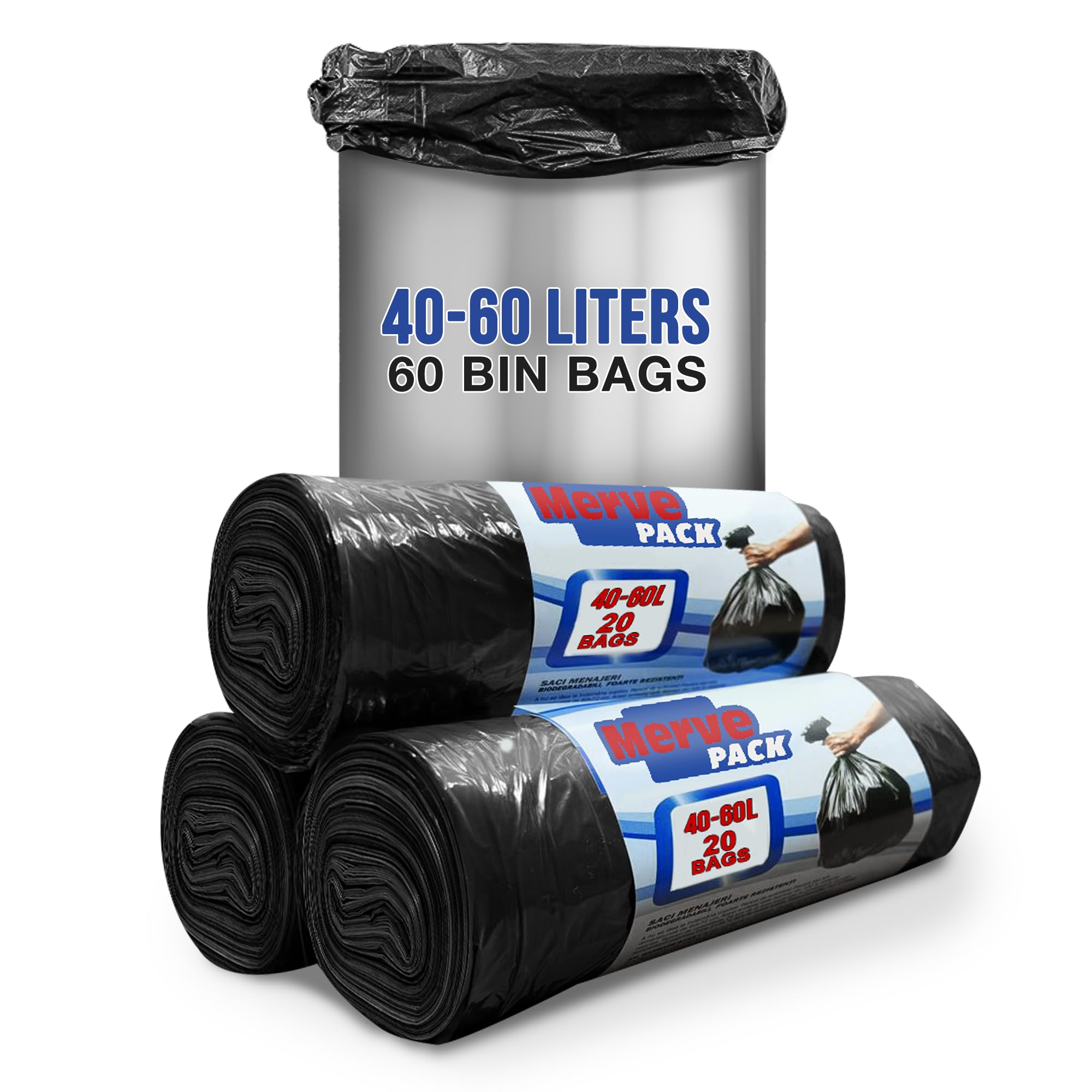Merve Pack Black Eco-Friendly 40-60L Bin Bags 100% Recycled Material For General Waste Or Recycling Wastes 40-60L Trash Bags (60 Counts) Perfect For Kitchen, Bathroom, Office- Unscented Bin Liners 35L