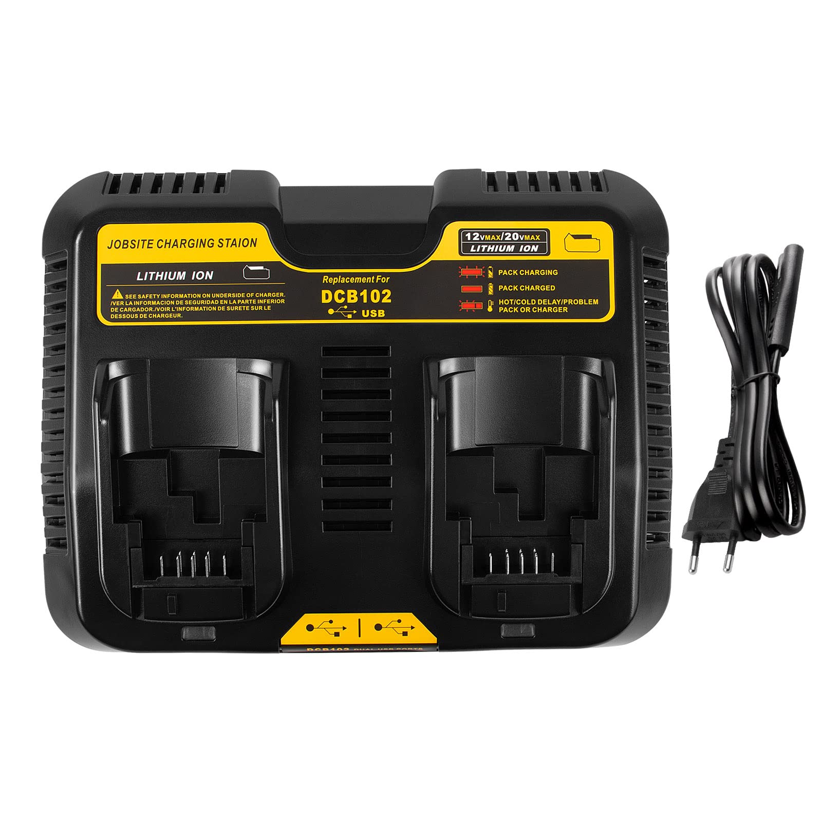 ASUNCELL 2 Porte Caricabatterie Compatibile con Dewalt DCB115 18V, 3,0 A Caricabatterie per Piattaforma XR Litio per Batterie 12V-20V Max, Compatibile con Dewalt Batteria(con 2 porte USB 2.1A)
