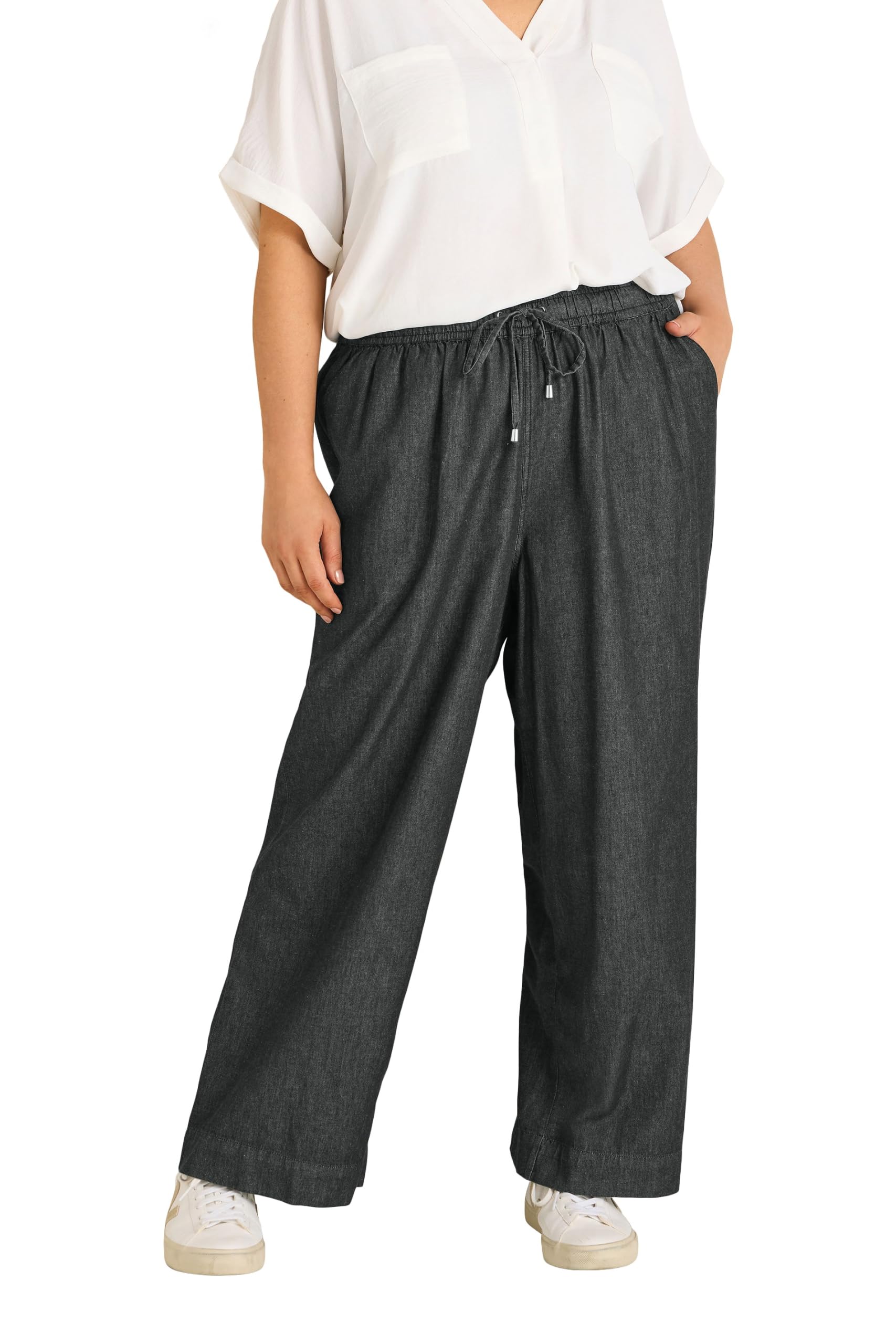 Evans Women's Black Plus Denim Cotton Wide Leg Trouser Size 26