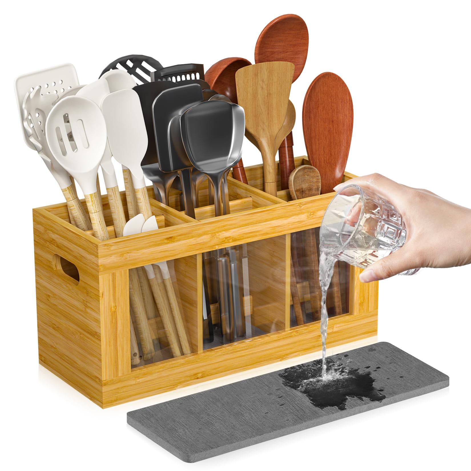 Yofidra Bamboo Kitchen Utensil Holder with Drying Stone and 6 Compartments