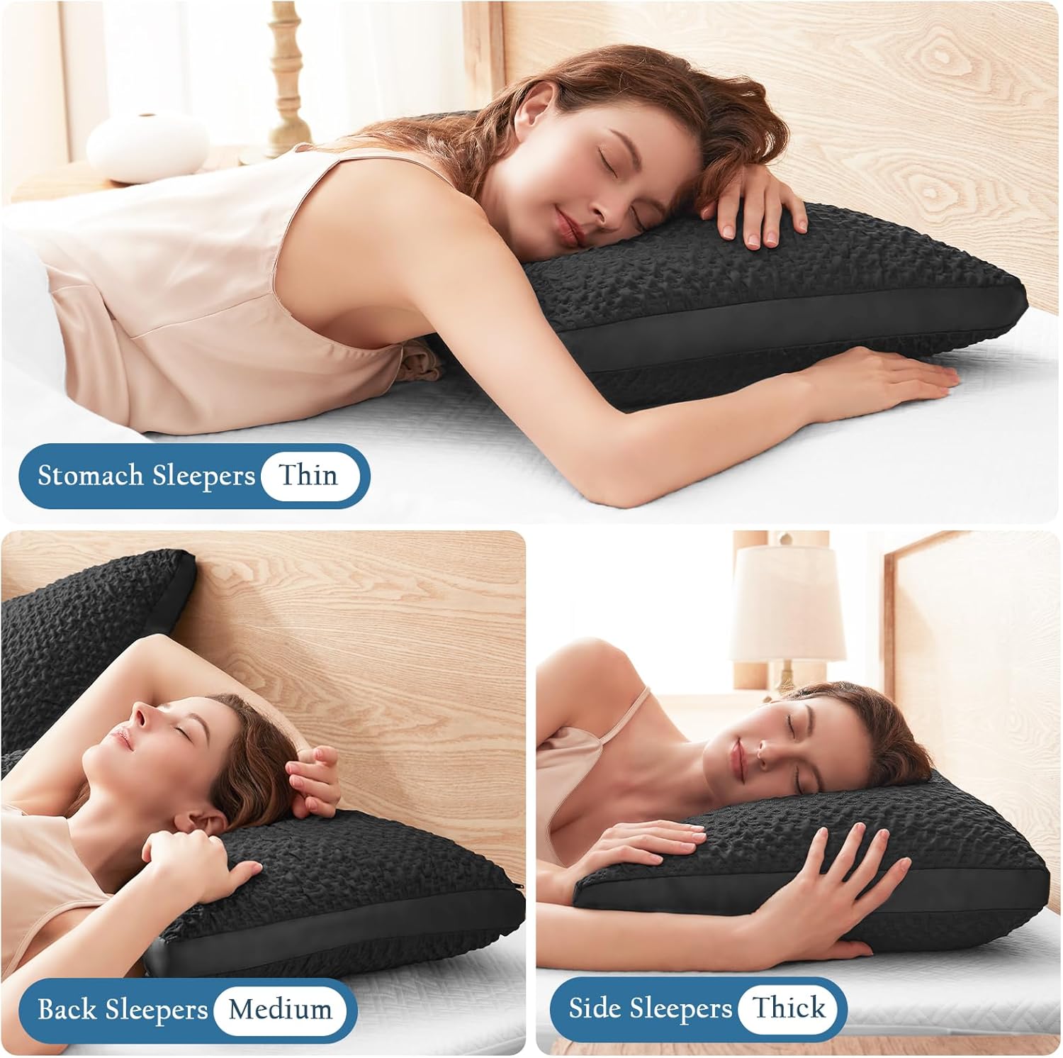 Side Sleeper Pillow for Adults, Adjustable Shredded Memory Foam Bed Pillows for Neck and Shoulder Pain, Curved Cooling Pillows for Hot Sleepers, Washable Cover & Extra Foam Bag, Black Standard Size