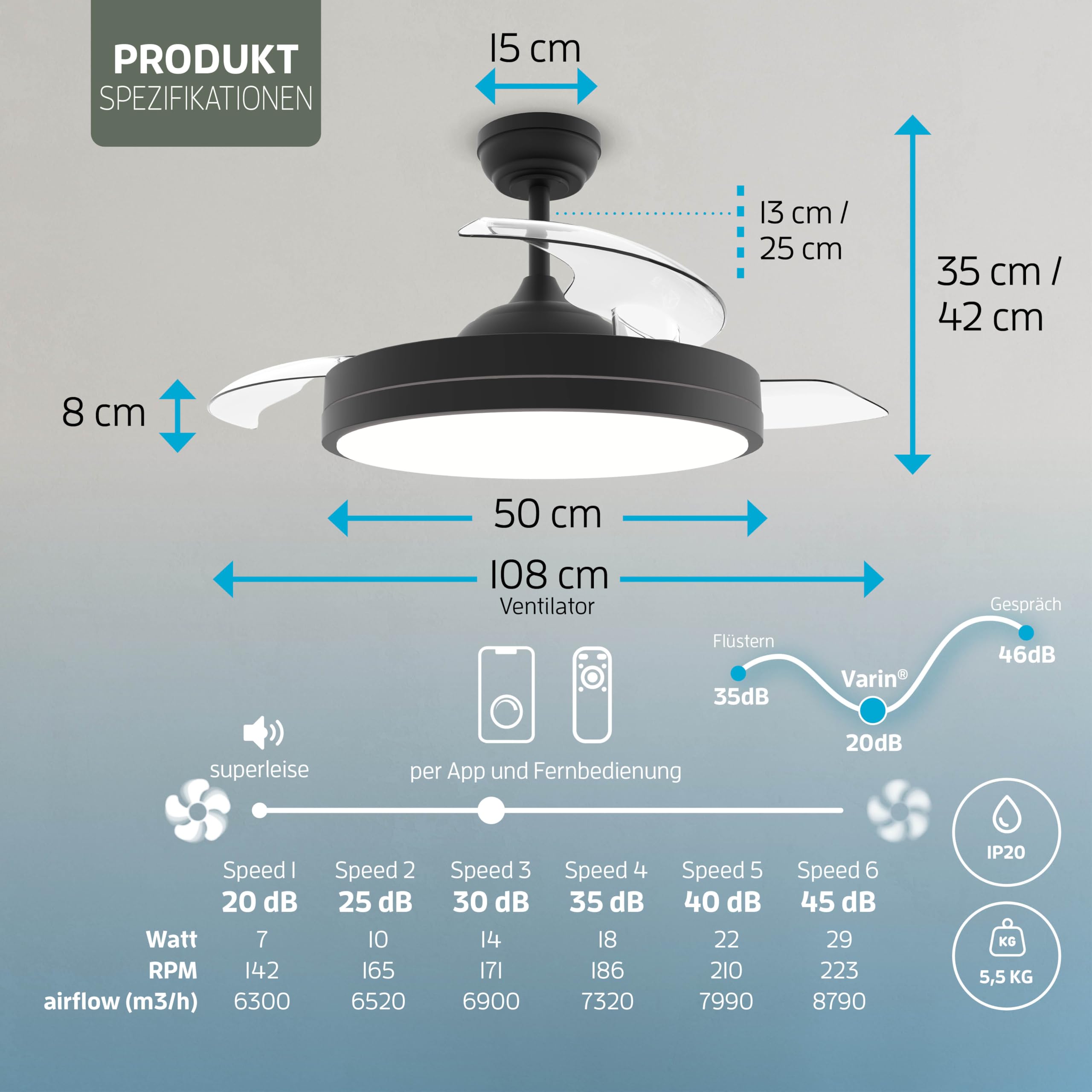 Varin® Smart Deckenventilator mit Beleuchtung, Tuya WLAN, Ventilator Leise 20dB, LED 36W RGBW, Fernbedienung, Einziehbare Flügel, Ventilator Lampe Decke, Ø 50 cm/108 cm, Schwarz